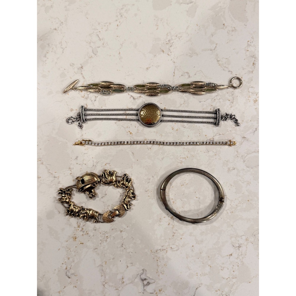 Vintage Bracelet Lot 5pc Set Elephant Bangle Tennis Rhinestone Gold Silver Tone